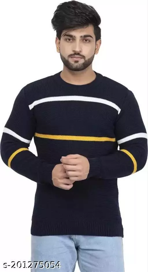 Magknit Winter Striped Full Sleeve Round Neck Black Sweater For Men