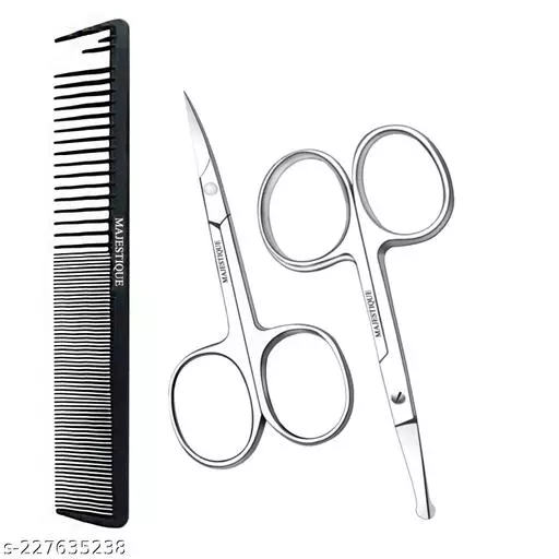 Majestique Comb and Scissors Set Curved and Rounded Stainless Steel Scissors for Facial Hair 