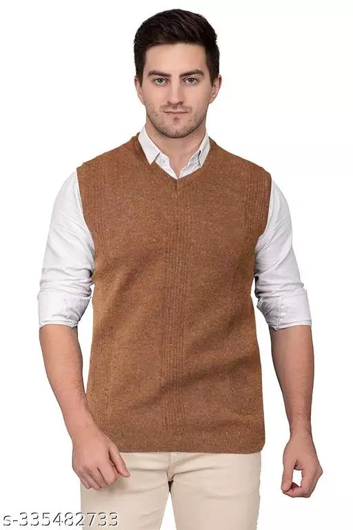 Trendy Mens Regular Fit Sleeveless Soft Pure Wool Winter Wear Solid Print V-Neck Designer Casual Sweater